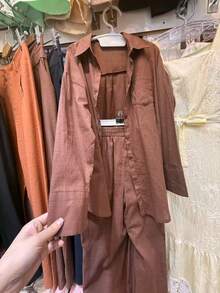 Linen Shirt And Pants Set (2 Pieces), Lined With Elastic. - Rust Brown - View 2