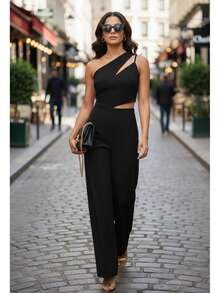 Macação Alfaiataria Feminino Pantalona Longo Elegante Festa Preto - Preto - Visão 2