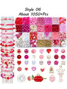 750/1000/1050/1320/1900/2200+ 件情人节DIY首饰制作套装，粉色和红色珠子套装，包含人造珍珠、心形/字母吊坠、字母珠子、弹力绳，是成人制作浪漫手工饰品（如手链、项链和情人节工艺品）的理想礼物。