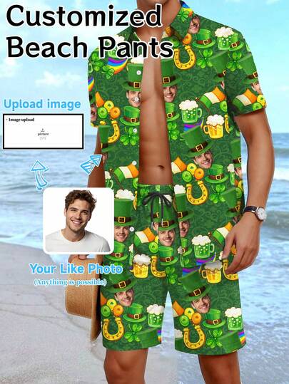 Customized Hawaiian Vacation Shirt And Shorts Set For Men, Personalized With Portrait, Suitable For Boyfriend, Friend, Child's Anniversary, Birthday, Holiday