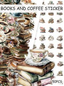50pcs Vintage Book & Coffee Stickers For DIY Decorating Notebooks, Phone Cases, Water Bottles, And IPads New Waterproof Cross-Border Decals - Multicolor - View 1