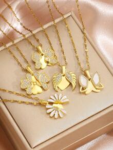 1pc Delicate Elegant Light Luxury Openable Flower/Four-Leaf Clover/Butterfly/Heart Pendant Necklace With Stainless Steel Chain As Daily Wear Jewelry Accessory Gift