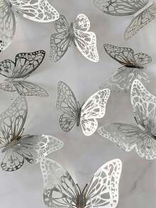 1/12Pcs/24Pcs Hollow Butterfly Wall Decals 3D Butterflies Stickers DIY Removable Refraction Shiny Gold Silver Multicolor Art Decor For Girls Bedroom Wedding Decoration Living Room Home Decor Gifts Birthday Graduation School Decor School Surprise Dormitory Decor Back To School Room Decor School Supplies , Valentine's Day, Cakes Bouquets Decorations - Silver - View 2