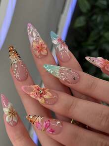 24片装前卫西部杏仁形美甲贴片：3D哑光花卉和虎纹撞色渐变美甲贴纸 - 彩色 - 查看 4