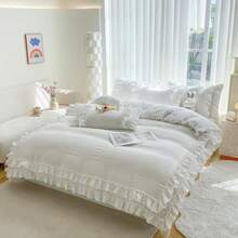 Lace Ruffle Duvet Cover 3 Pieces BeddingWhite Queen Duvet Cover Set With 2 Layers Ruffles Soft Brushed Microfiber Set With Zipper Closure Farmhouse Ruffled Duvet Cover Set - SolidWhite - Xem 6