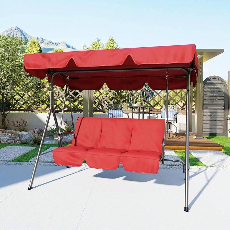 Columpio para Exterior con Toldo Ajustable │ Silla Columpio de 3 Asientos para Adultos con Cojines Gruesos │ Estructura de Acero Resistente │ Ideal para Porche, Jardín o Patio Trasero - Rojo 2 - Ver 1