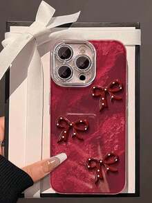 1 Pc Red Three-Dimensional Bowknot Tinfoil Grain Fine Hole Camera Following, Lovely Advanced Sense Of Fashion And Personalized From The Silicone Protective Shell, Compatible With IPhone17 Compatible With IPhone17promax/Compatible With IPhone16 Pro Max/Compatible With IPhone15 Pro/Compatible With IPhone14 Compatible With IPhone13/12/11, Suitable For Family/Friends/Sister/Girlfriend On Valentine's Day Gift/Birthday Gift/Mother's Day Gift - Burgundy - View 4