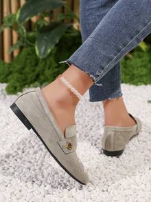 新款时尚金属扣装饰单带套脚鞋，时尚乐福鞋，舒适防滑百搭设计，适合日常穿着和通勤。 - 灰色 - 查看 5