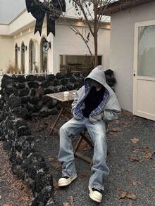 Splicing Double-Sided Wear Cardigan Sweater Men's Spring And Autumn Niche Design Sense  American Retro Loose Hooded Jacket - 灰色 - 查看 2