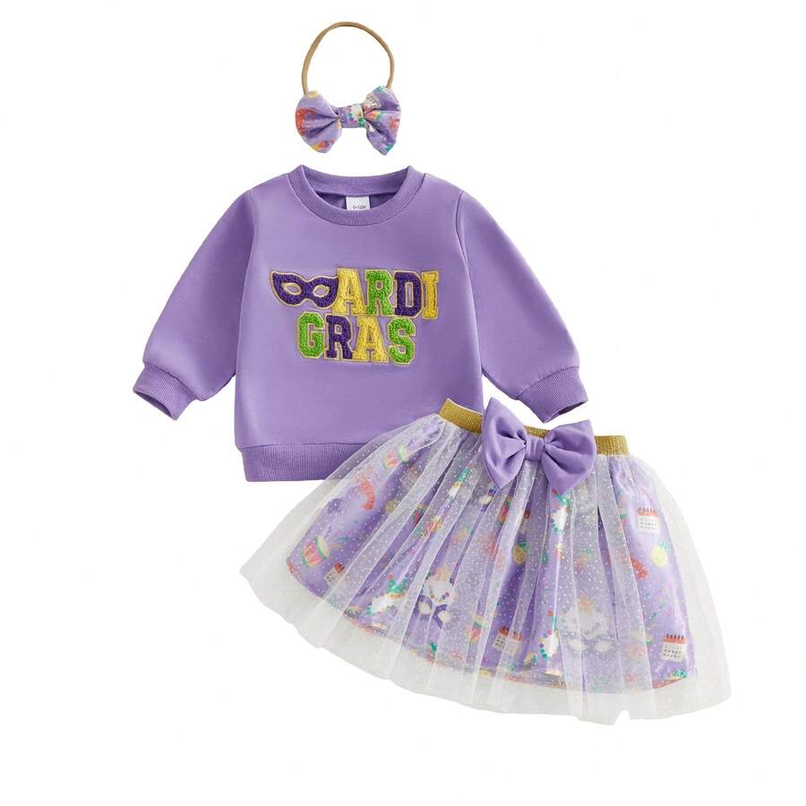 2Pcs/ Set Toddler Girl Mardi Gras Outfit Long Sleeve Sweatshirt Ruffle Layered Tulle Tutu Dresses Skirt Kids Carnival Clothes. Kids Carnival Clothes 1-4Years (Purple) - 藍色 - 查看 1