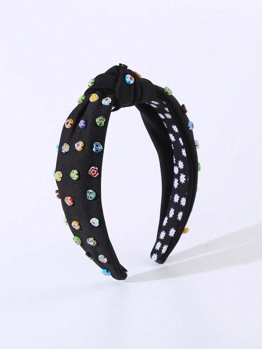 1条纯色布艺打结宽檐发箍，韩式风格，手工爱心糖果装饰，甜美可爱，百搭时尚配饰 - 黑色 - 查看 1