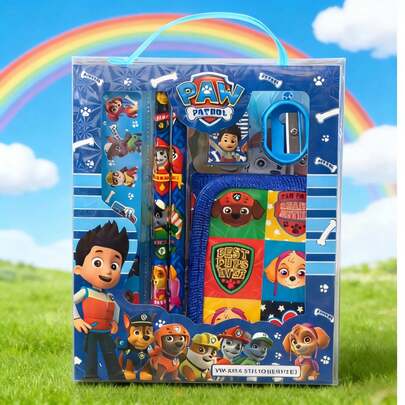 Paw Patrol 1 set de papetărie Patrula Cățelușilor, set de papetărie multifuncțional cu model drăguț, pentru utilizare pe termen lung, inclusiv creion, riglă, ascuțitoare, radieră, ziua de naștere, cutie cadou pentru rechizite școlare, premiu pentru studenți, cadou pentru întoarcerea la școală, potrivit pentru Halloween, Crăciun, Ziua Recunoștinței, sezonul absolvirii