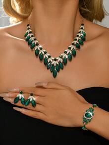 3件/4件/5件套波西米亚复古风合成红色水钻首饰套装，十二月生辰石时尚套装，适合宴会、婚礼和特殊场合佩戴 - 綠色8019 - 查看 7