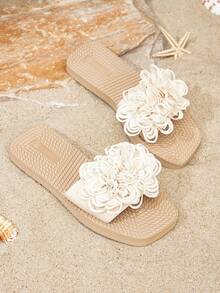 Women's 2025 Spring/Summer New Fashionable Elegant Classic Outdoor Non-Slip Wear-Resistant Bow Tie Open Toe Slippers, Ladies Beach Vacation Casual Sandals - Beige - View 7