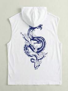 男士无袖印花连帽背心，休闲运动时尚夏季款，1件装 - 白色 - 查看 3