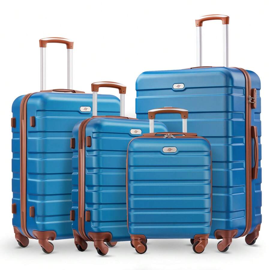 4 Piece Luggage Set 16/20/24/28 Inch Hardside Lightweight Suitcase With Spinner Wheels (Purple) - Màu da nâu xanh da trời - Xem 1