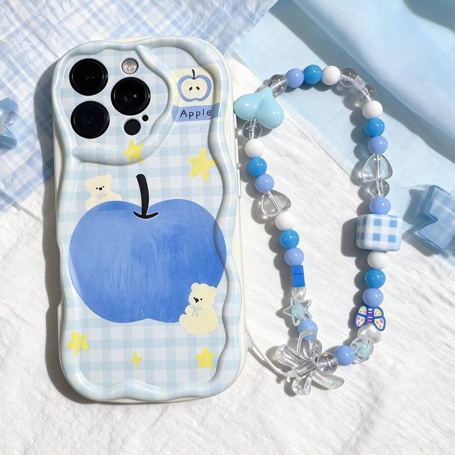 1pc Fashionable Plaid Apple Pattern + Blue Butterfly Square Bracelet Transparent Wavy Cream Phone Protective Case, Compatible With IPhone 17 17 Pro 17 Pro Max 17 Air 16 15 14 13 12 11 / S25 24 23 22 Ultra A52 A53 A54 A55 A56 07 A17 / OPPO / REDMI Phone Models, Anti-Fingerprint, Shock-Proof, Anti-Drop Phone Case.