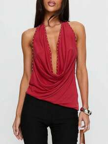Womens Studded Halter Tank Tops Cowl Neck Draped Front Backless Slim Fit Vest Crop Tops Summer Sleeveless Open Back Camisole Shirts Party Club Going Out Tops - 紅色 - 查看 3
