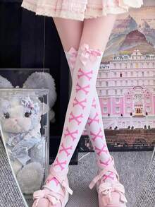 1pc Women's Solid Color Over-The-Knee Socks With Bow Decor, Y2K Lolita Style Socks, Non-Slip And Stay-Up, Cute Pantyhose Suitable For Lolita Tea Party - 1 Pair Of White-based Pink Shoes - View 3