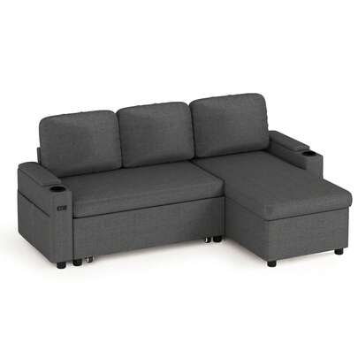 2 Seater Sofa Bed, 3 In 1 Convertible Corner Sofa Bed With Ports, Pull Out Linen Double Sleeper Chair Bed With Pocket And Adjustable Backrest For Living Room