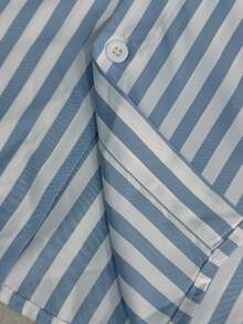 WAIT HIM 男士休闲条纹短袖衬衫 - 藍白色 - 查看 7