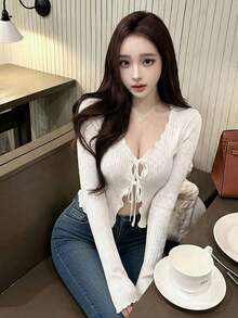 New Sexy Niche Tie-Up Frill Trim Hollow Out Knit Cardigan Jacket For Women, Spring/Summer - Milky White - View 4