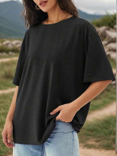 女士纯色短袖运动T恤，宽松圆领运动上衣，适合户外运动、瑜伽、日常休闲和旅行穿着，黑色