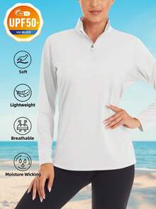 Women's UPF50+ 1/4 Zip Long Sleeve T-Shirts UV Sun Protection Outdoor Sports Tee Shirts Lightweight Quick Dry Hiking Tops, White - White - View 2