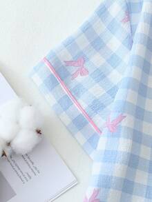 两件套蓝白格子蝴蝶结印花睡衣套装，甜美可爱翻领纽扣上衣和蝴蝶结短裤，女士睡衣家居服 - 藍色 - 查看 4