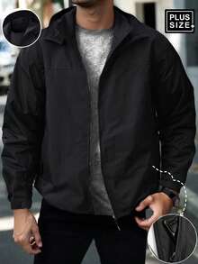 男士轻便休闲连帽拉链夹克，带口袋，防风，适合秋冬季节 - 黑色 - 查看 1