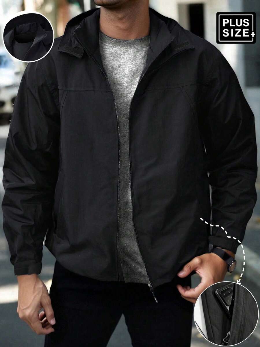 男士轻便休闲连帽拉链夹克，带口袋，防风，适合秋冬季节 - 黑色 - 查看 1