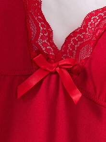 2pcs Women Sleep Dresses Lace Patchwork Bowknot Decor Romantic Side Slit Strap Nightgown Breathable Fabric Stylish Sleepwear For Ladies - 多色-1 - 查看 5