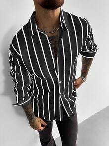 GloMan 男士经典黑白条纹长袖衬衫，亚麻质感休闲办公通勤衬衫，四季皆宜的复古风格，圣诞节和新年男士礼物 - 黑色 - 查看 4