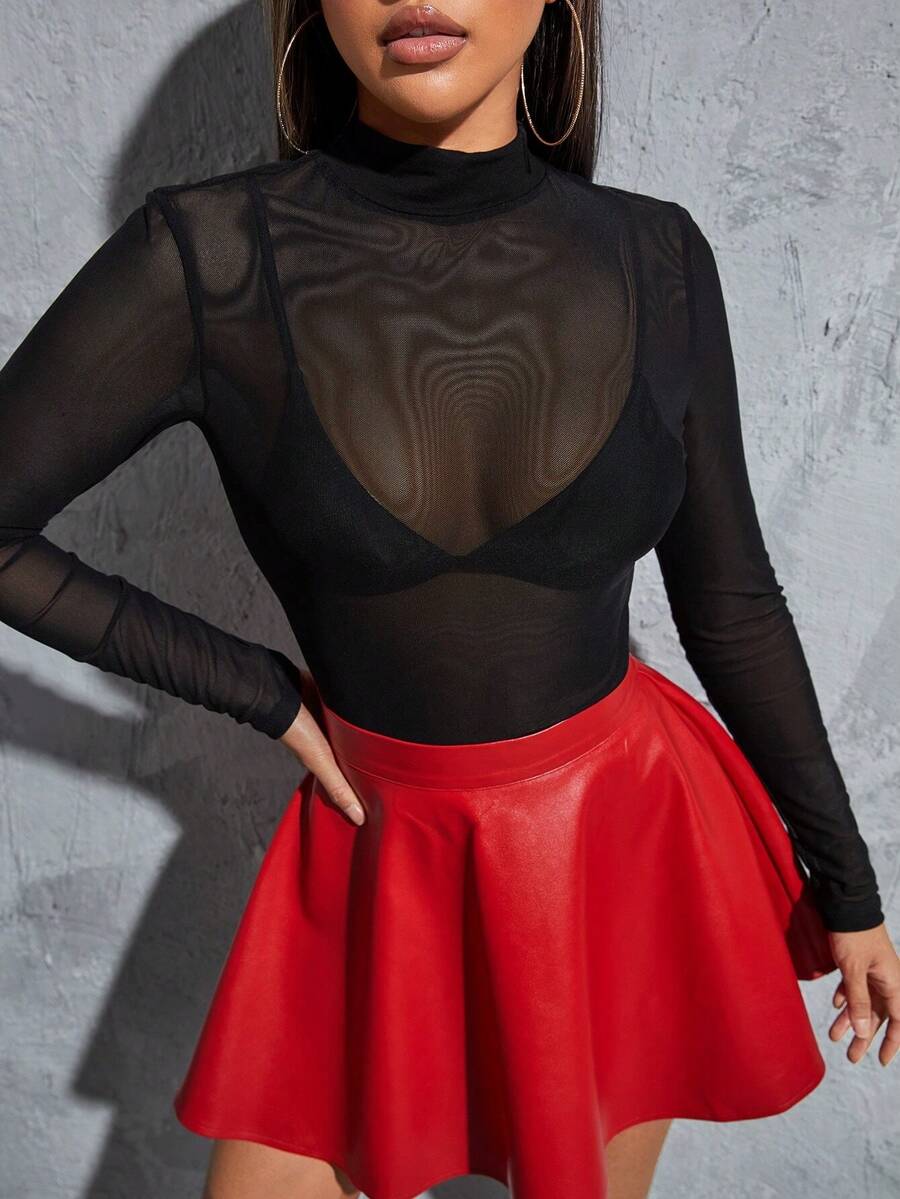 Black Mock Neck Mesh Top Without Bra,Ladies Sexy Sheer Regular Sleeve Stand Collar Slim Fit Black Plain Women Tops,Spring/Fall,Casual Daily Wear - 黑色 - 查看 1