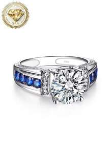 女士订婚戒指，复古全镶蓝边圆形戒指，5.6克S925纯银，2克拉莫桑石，波西米亚宫廷风格，适合订婚、求婚、结婚纪念日、情人节等场合，附赠莫桑石证书和精美礼盒 - 銀色 - 查看 10