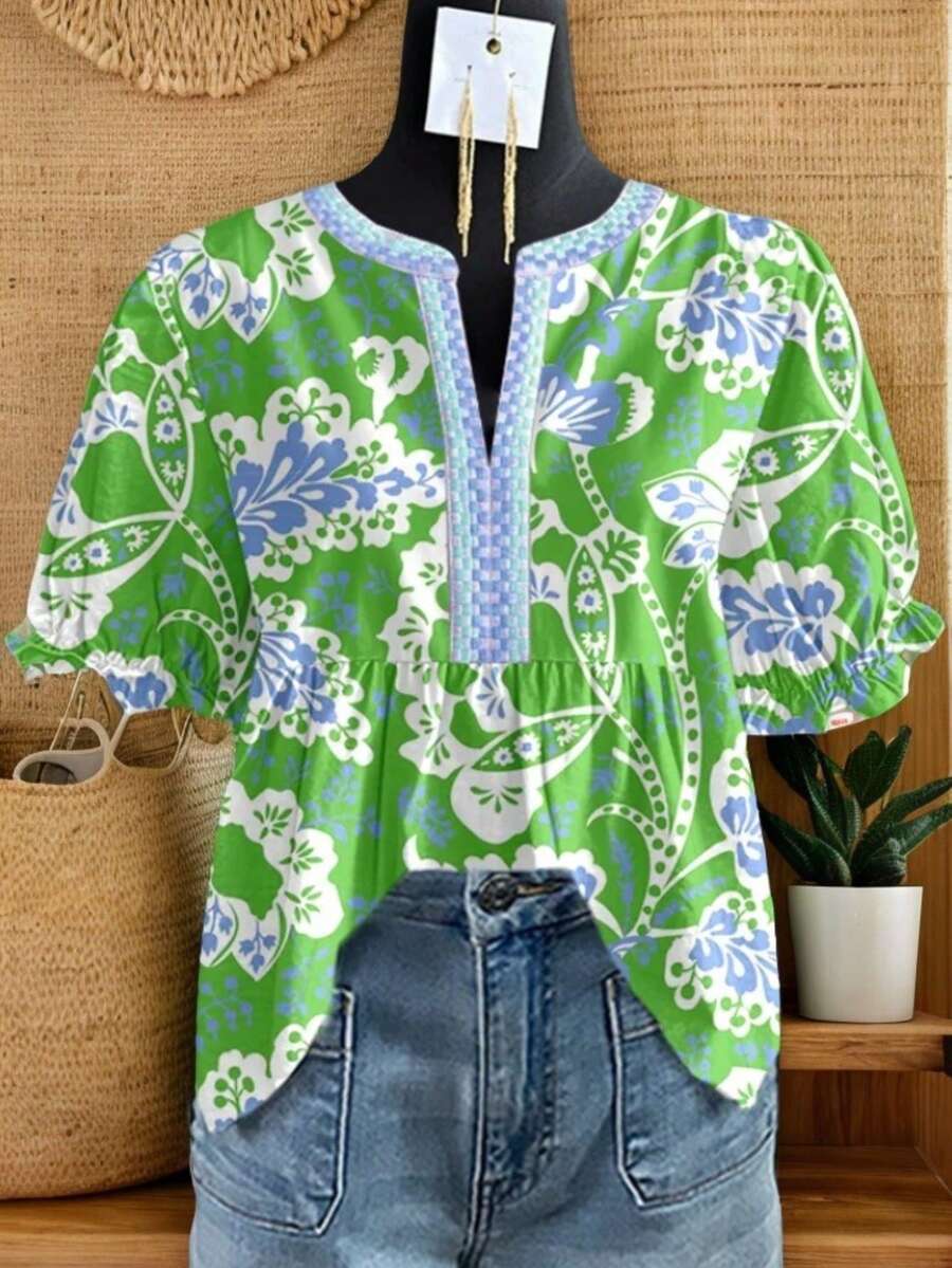 Vintage Bell Sleeve Blouse - Short Puff Shirt Top, Retro Casual Summer Dress To Face Blouse For Spring/Summer Outfits, Regular Fit Non-Stretch Elegant Smock (Matching For Any Of The Above Are All Acceptable) - [多色的] - 查看 1