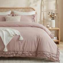 Pink Cotton Ruffled Comforter Set Queen, Vintage Shabby Chic Farmhouse Bedding Set Coquette Aesthetic French Country Comforter - Red Bean Paste Powder - View 11