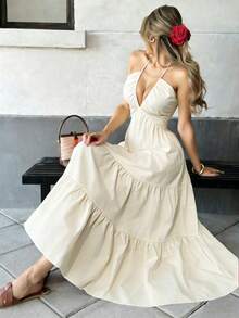 Vestido de verano sin mangas de mujer con cuello halter de gasa, escote en V profundo en la espalda y banda de cintura para vacaciones de verano, bodas o festivales,regalo ideal para día de san valentín,vestidos,vestidos largos,vestidos casuales para mujer. - Beis - Ver 4