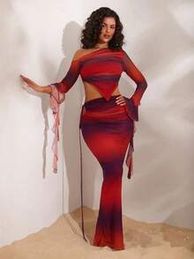 Bộ váy áo hai mảnh gợi cảm phong cách Y2K dành cho nữ, chất liệu lưới, thiết kế cổ áo bất đối xứng, hoàn hảo cho các bữa tiệc, mùa xuân/hè. - Màu đỏ tím - Xem 9