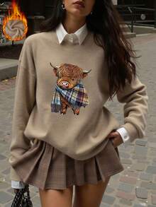 Women's Casual Warm Faux Wool Cow Print T-Shirt, Back To School Clothes, School Outfit Ideas, Back To School Essentials, First Day Of School Outfit, Back To School Outfits 2026 - Camel - View 5