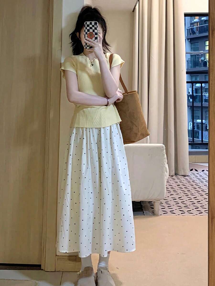 Falda acampanada de talle alto con lunares, falda francesa estilizadora para mujeres, para vacaciones de verano - Blanco - Ver 1