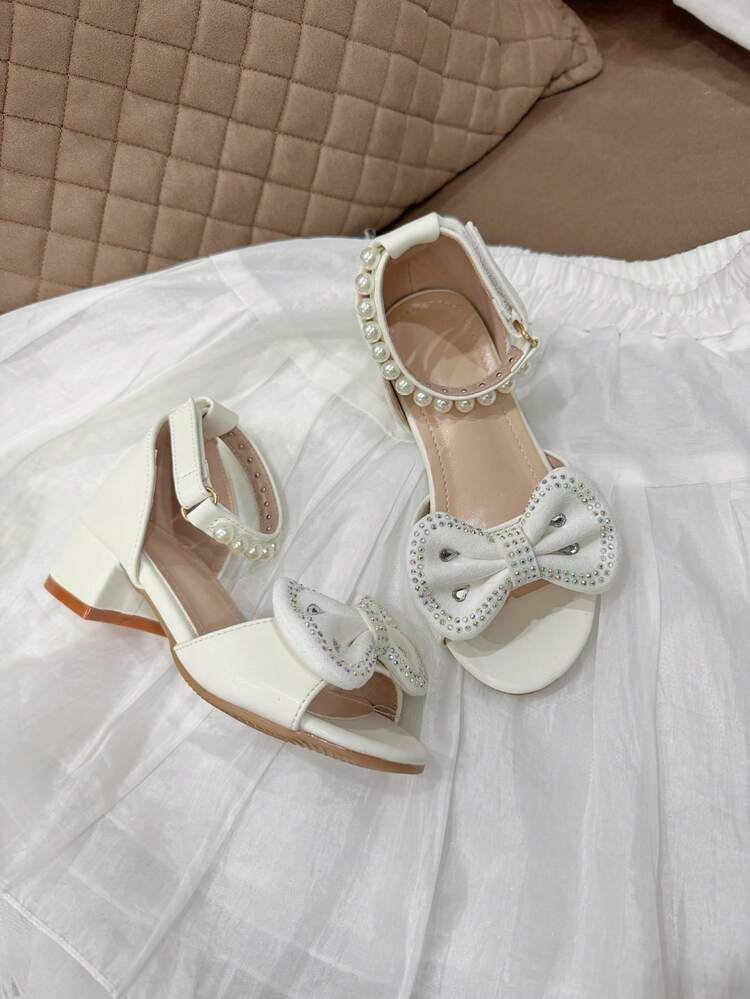 Girls' Summer Sandals With 3D Bow, Shiny Rhinestones, Faux Pearl Decor, Adjustable, Comfortable & Fashionable - White - View 12