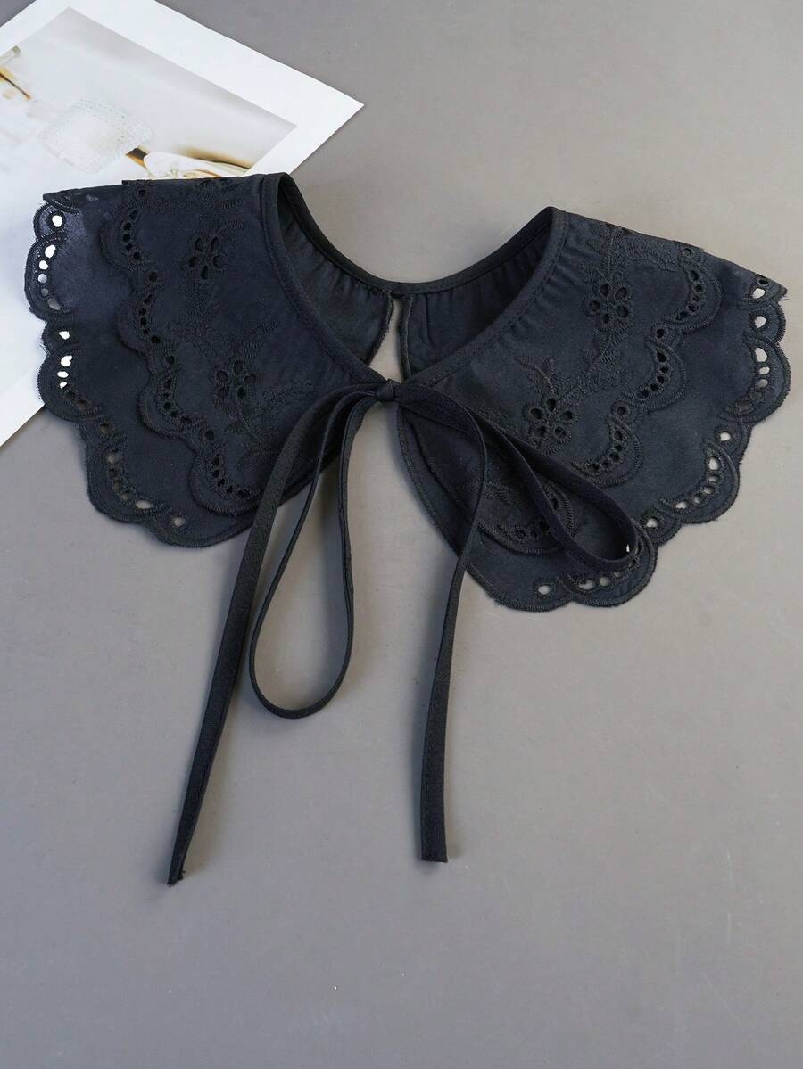 1 chiếc khăn choàng thời trang nữ màu trắng thêu họa tiết, cổ áo giả, xếp lớp bèo nhún, thích hợp sử dụng hàng ngày. - Đen-A - Xem 1