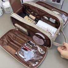 Beige Waterproof PU Leather Multifunctional Makeup Bag Double-Layer Large Capacity Portable Travel Cosmetic Bag Toiletries Storage Bag With Handle For Woman Dividers PU Makeup Bag Brush Storage Bag Men Business Wash Bag Makeup Bags Makeup Organizer Make Up Organizer Makeup Storage Back To School Supplies Make Up Bag,Travel Essential,Summer Bag,Summer,Bridesmaid Gifts,Mother's Day,Mom,Mother's Day Gift,Flower,Jewelry,Mother's Day Decorations,Mother's Day Party Supplies,Women,Pink,Gift Set - Light Grey - View 7