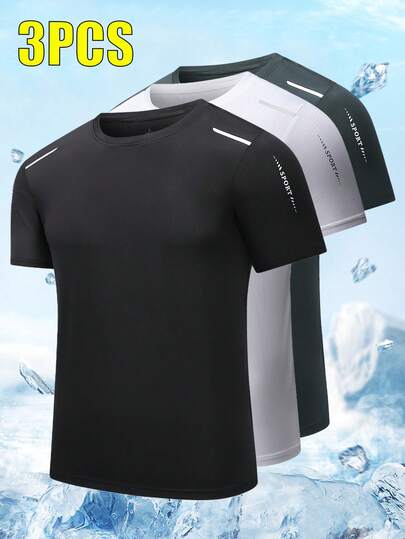 3件装男士夏季休闲运动速干透气短袖T恤，带反光标志，面料柔软舒适，适合健身、跑步和户外活动