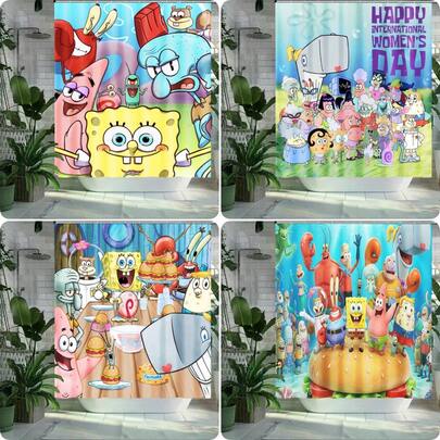 1pc SpongeBob Cartoon Print Waterproof Shower Curtain, Comes With 12 Hooks, Ideal For Room, Bedroom, Home, Bathroom Decor And Accessories, Also A Great Holiday Gift