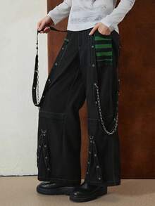 Jeans cargo de mujer, pantalones casuales sueltos con cierre de botón y cremallera a rayas, con bolsillos, estilo urbano - Negro y verde - Ver 4