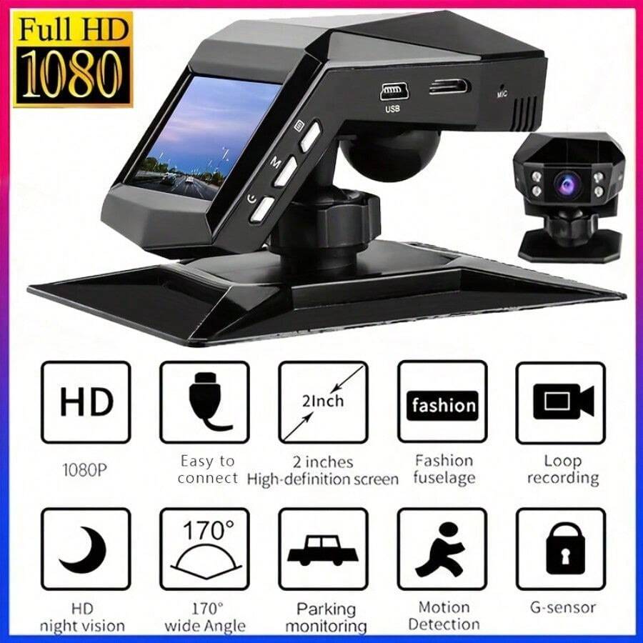 High Definition Driving Recorder, Center Console LCD Car Video Recorder, WDR 170 ° Wide-Angle, Night Vision Function, Parking Monitoring - Black - View 1