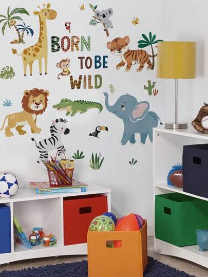 1pc/2pcs/3pcs Cartoon Animal Wall Stickers, Children Room Decor Wall Decals, Lion, Tiger, Elephant, Giraffe, Zebra, Cartoon Decorative Wall Stickers, PVC Self-Adhesive Removable, Suitable For Bedroom, Living Room, Study, Dining Room, Bathroom, Home Wall Decor, Room Decoration