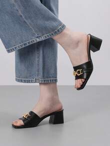 Athlefit Women's Raffia Heeled Sandals Square Open Toe Slip On Mules Chunky Block Heels With Metal Chain For Summer Vacation - 黑色 - 查看 6